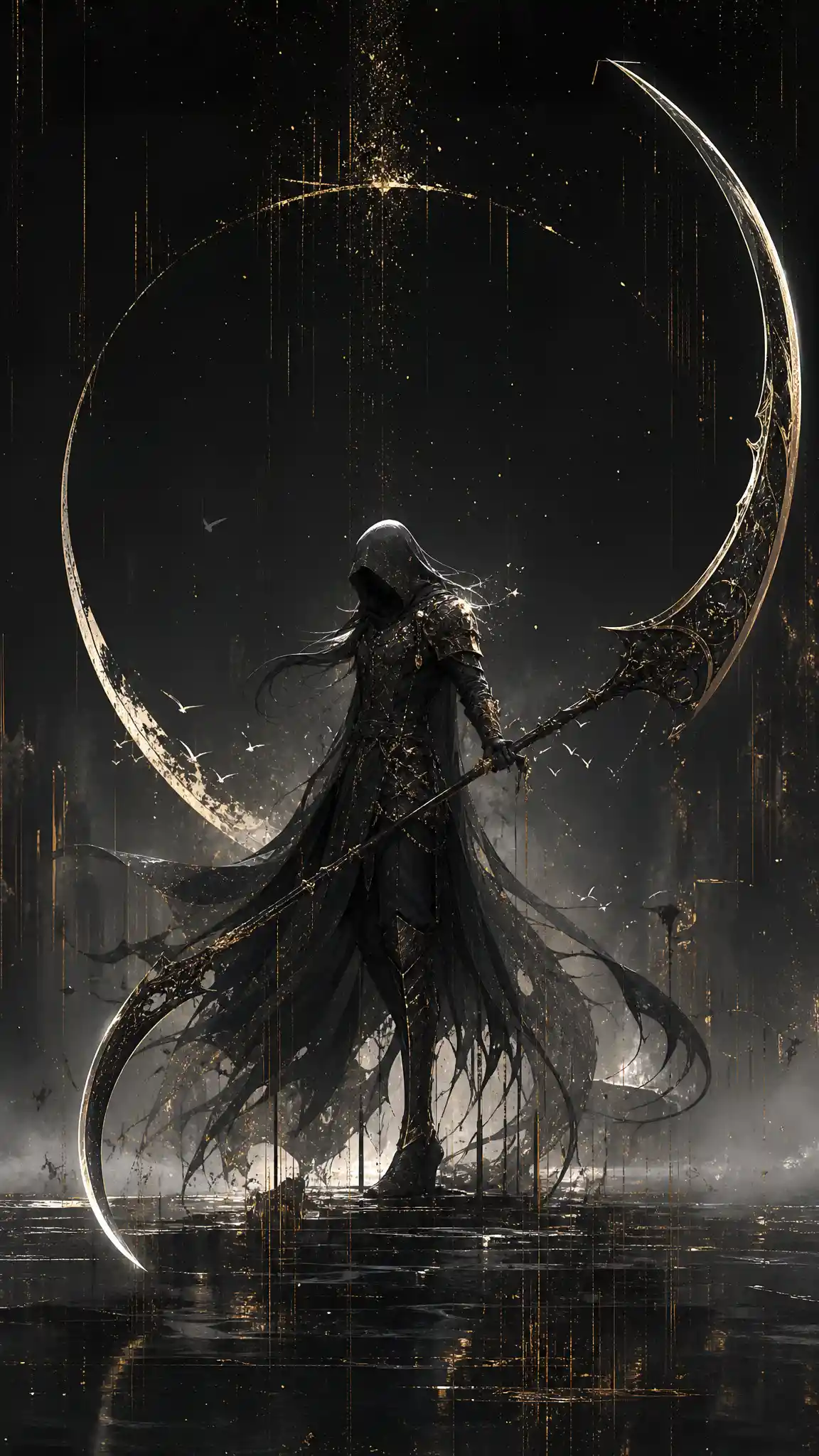 Grim reaper in black armor with crescent bladed scythe