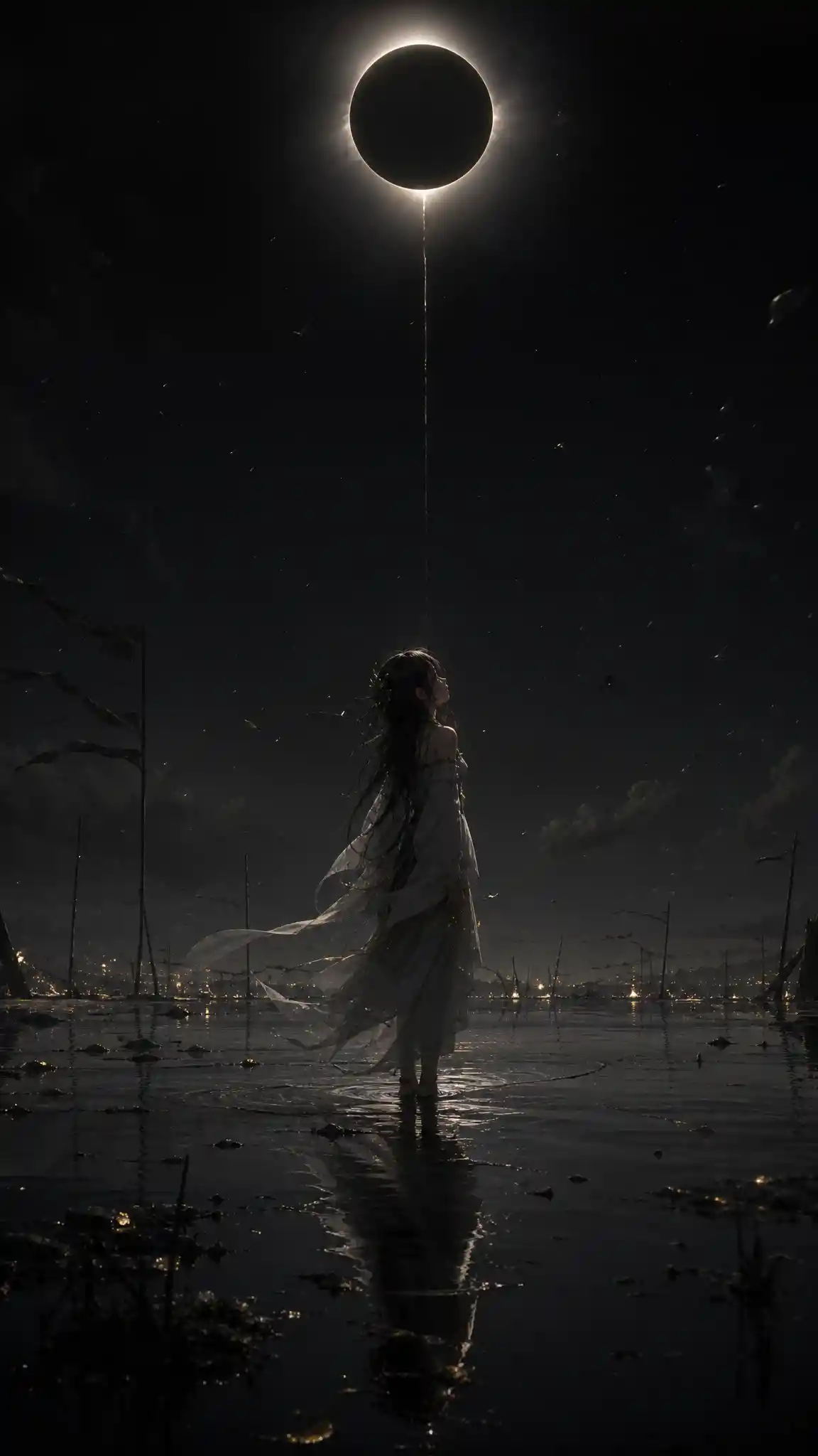 Young woman standing in darkness during a total eclipse