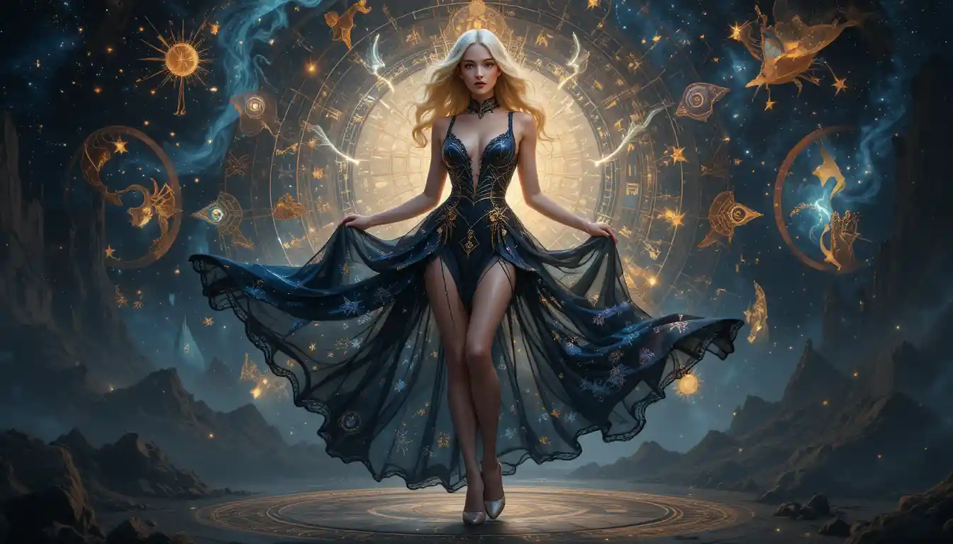 Blonde pin up woman in celestial zodiac fantasy scene