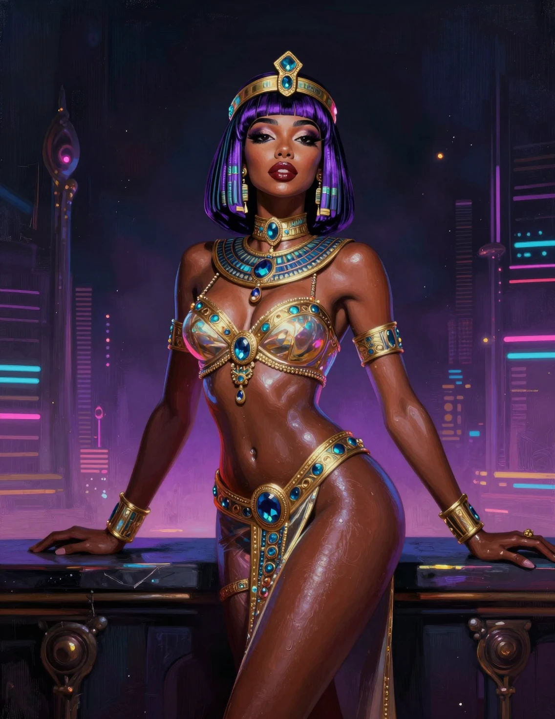 Lilac haired egyptian queen in neon couture pose