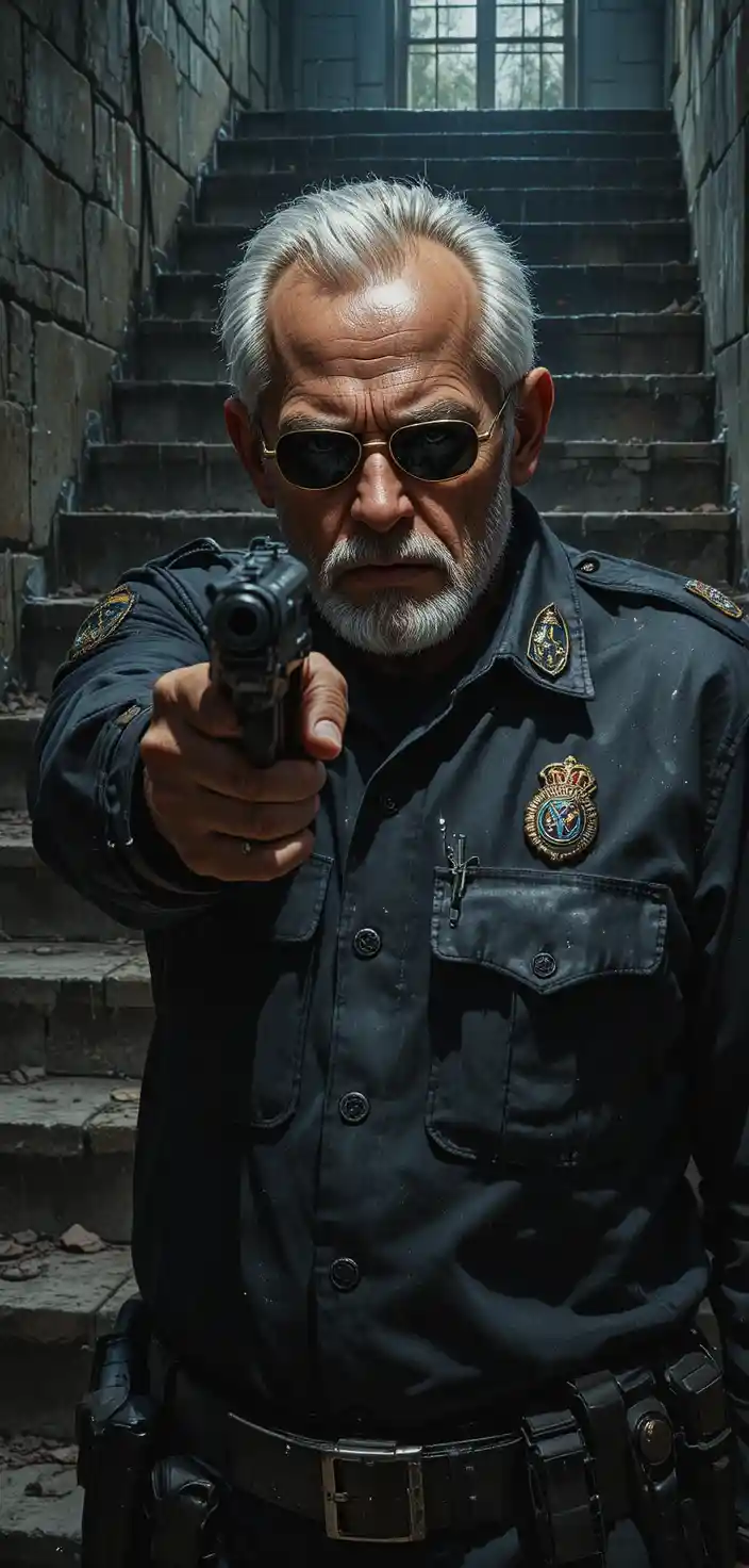 Grizzled cop aiming his gun before a shadowy staircase