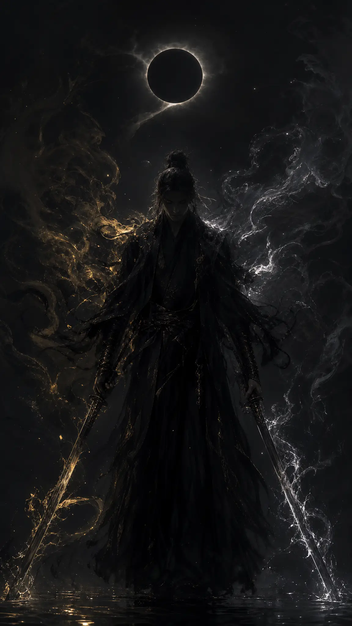 Warrior with twin swords in swirling dark eclipse smoke
