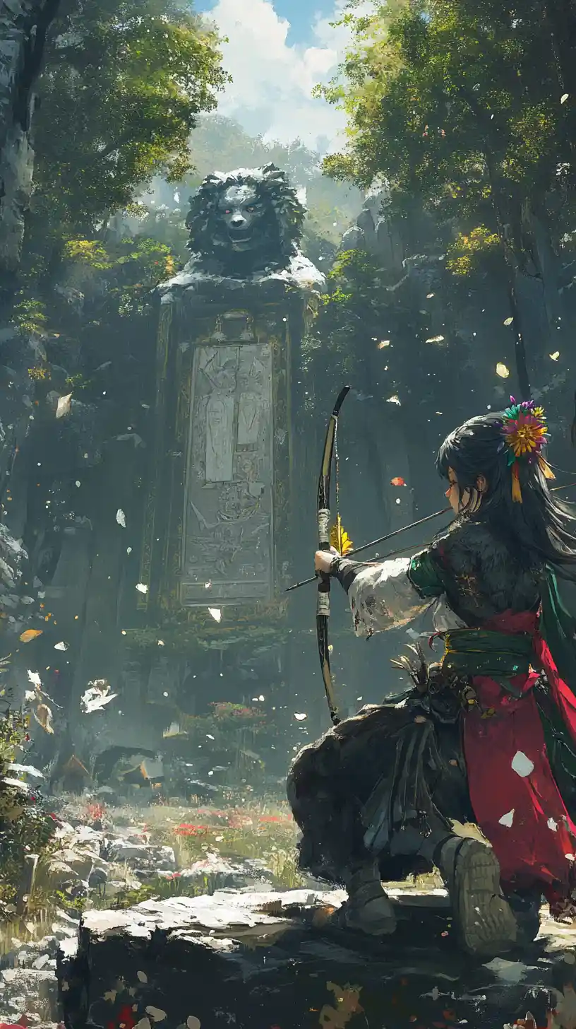 Girl archer aiming at a distant creature in winter ruins