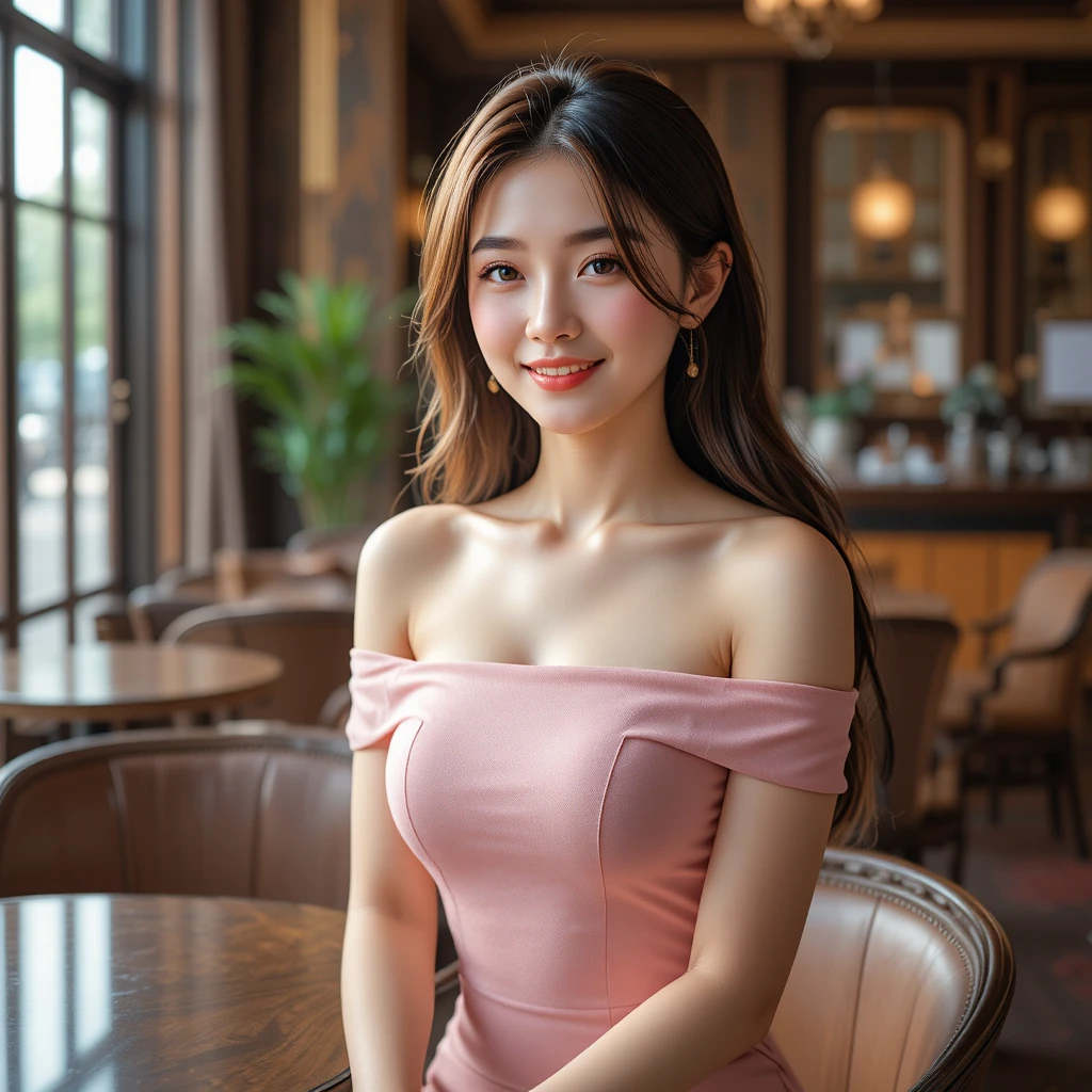 Cute Korean girl in pink dress in a luxury cafe