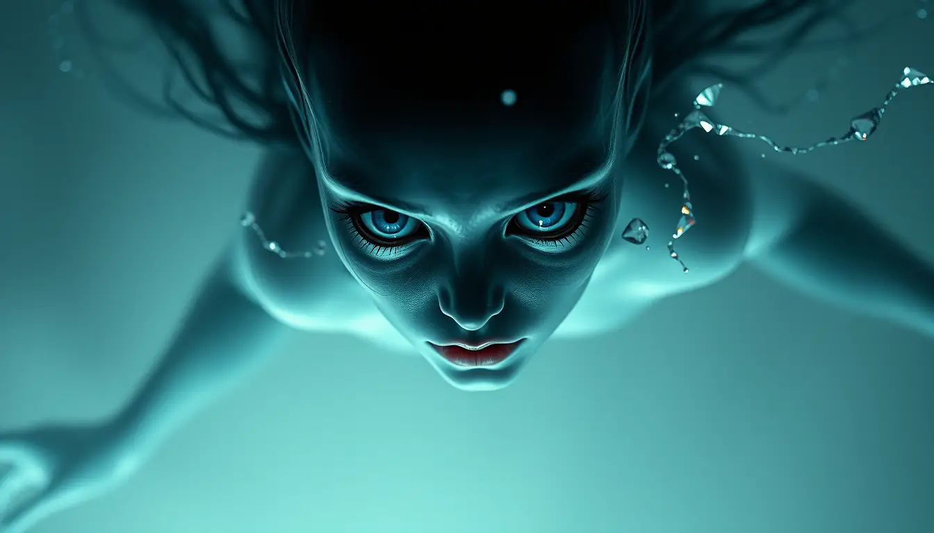 Ethereal translucent being floating over an endless void