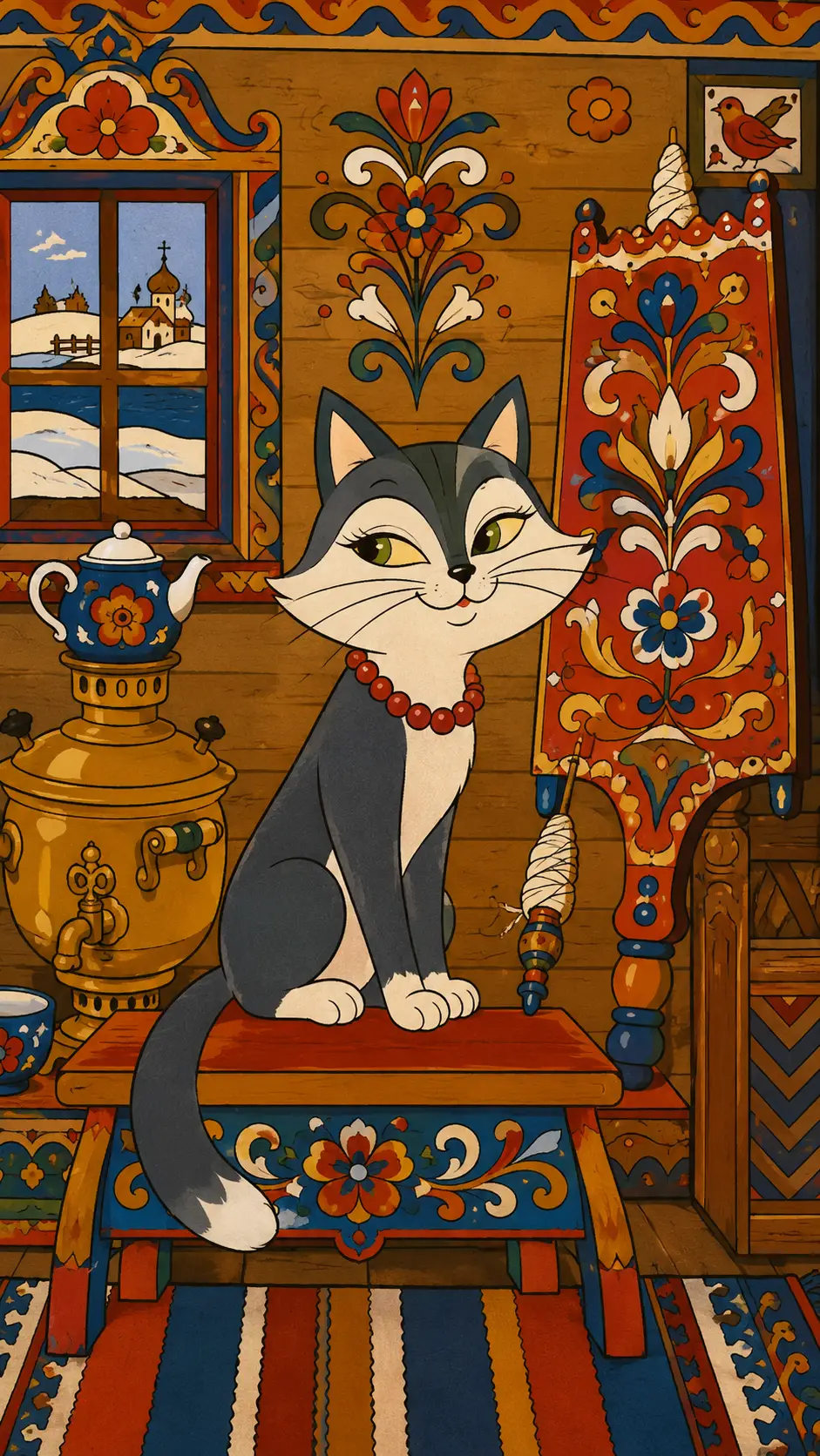 Cartoon cat on painted bench in rustic wooden interior