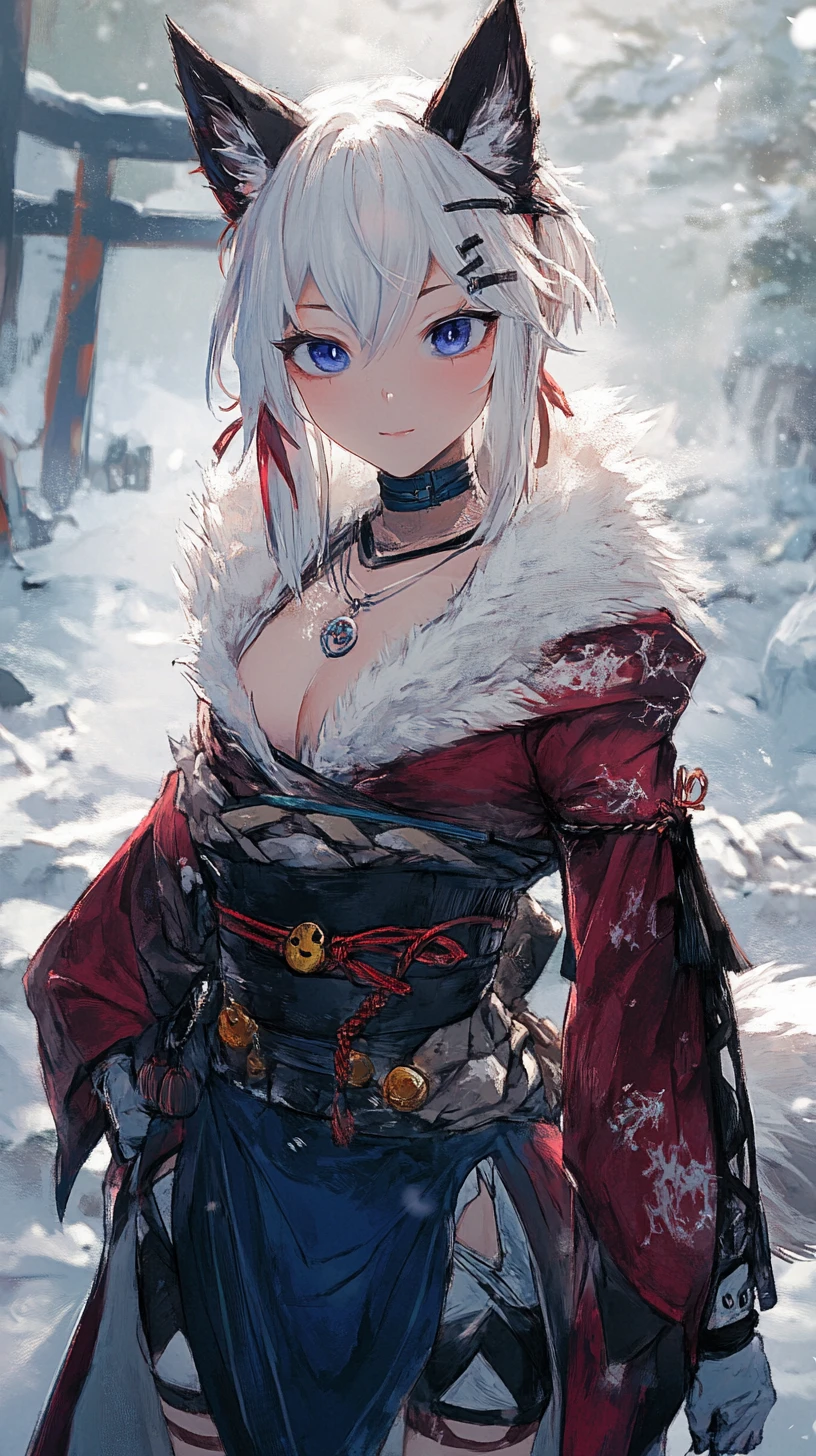Anime girl warrior in fur cape with icy blue eyes