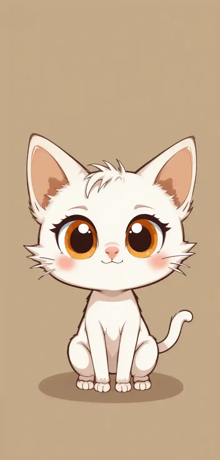 Cute white cartoon cat with big orange eyes