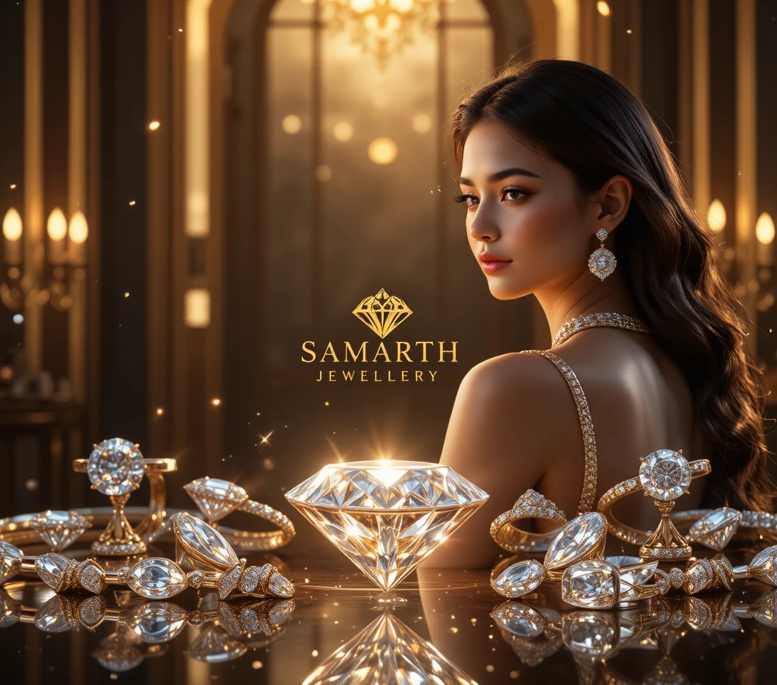 Rotating diamond in a dark luxurious golden studio scene