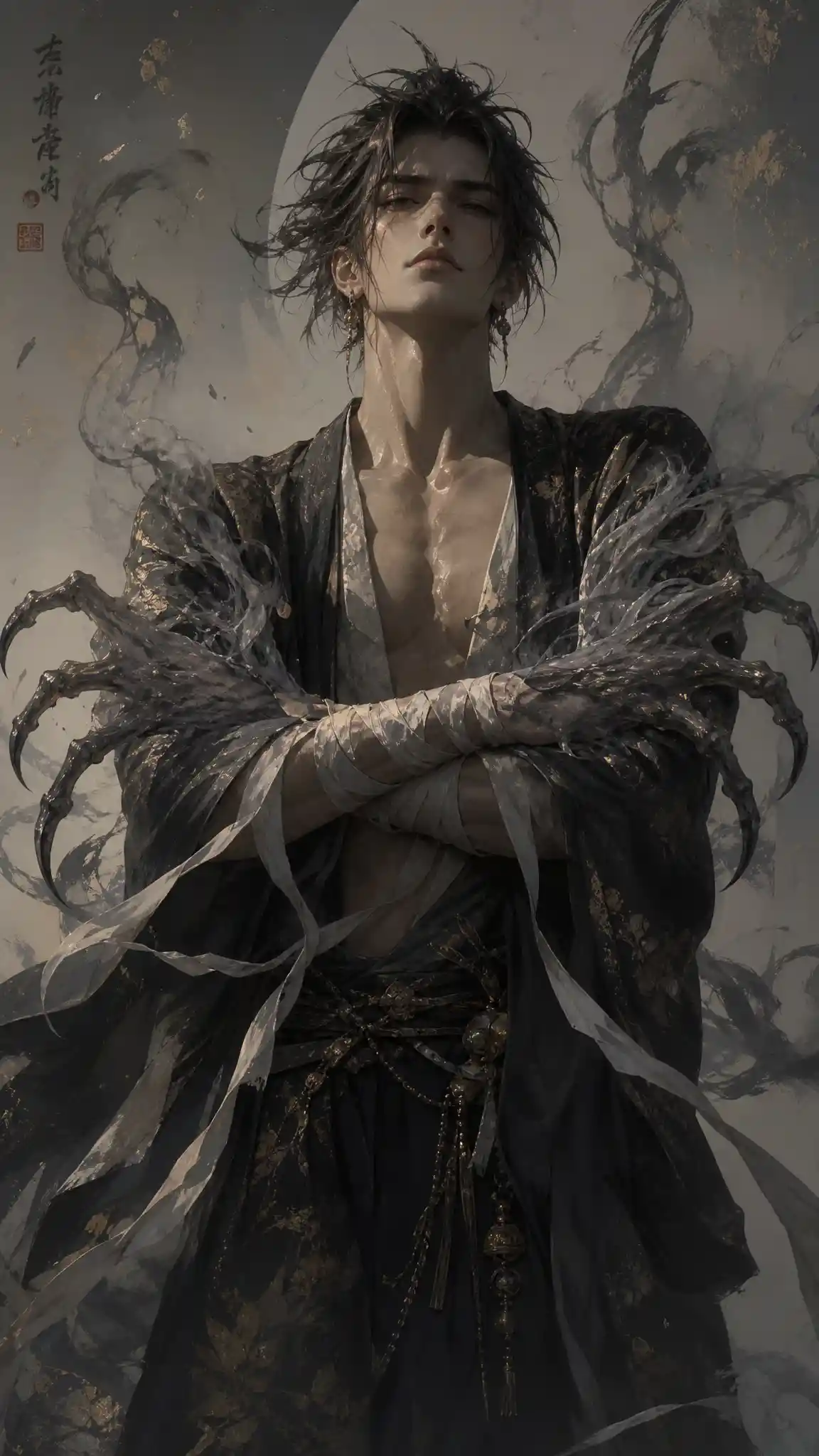 3D man in kimono with crossed arms and smoky claws