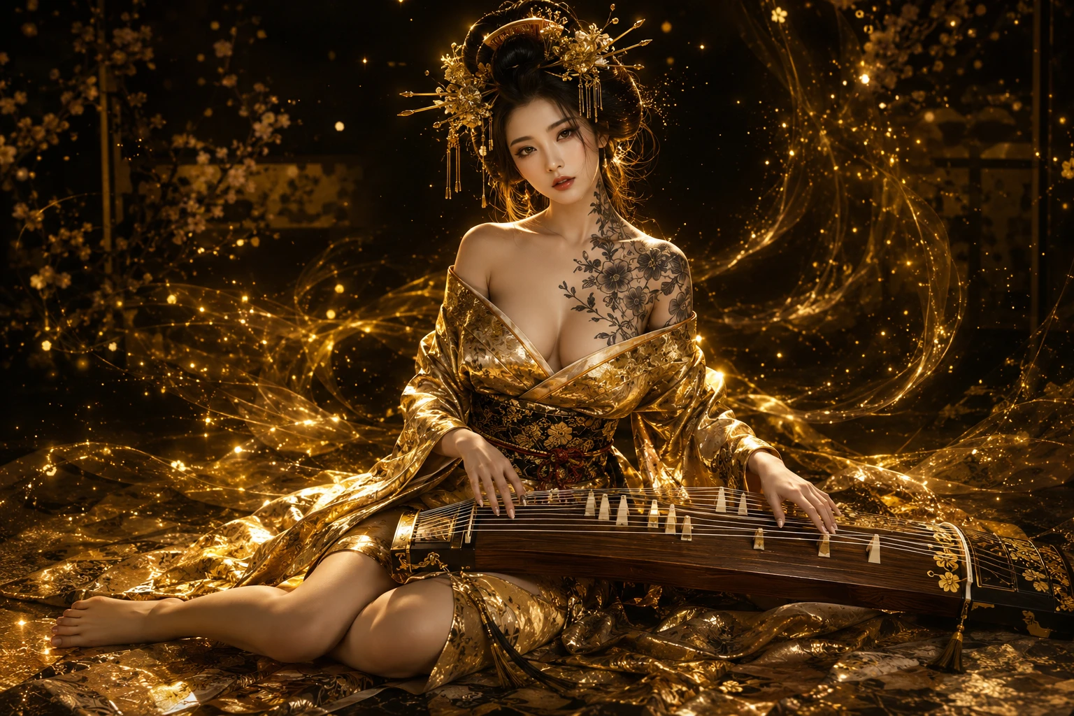 Geisha inspired woman with golden kimono and koto