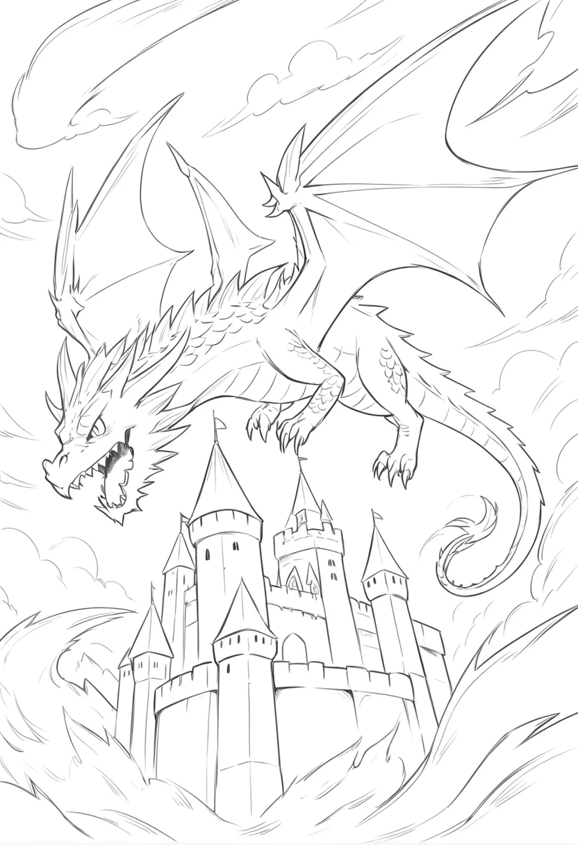 Fire breathing dragon over a medieval castle in manga style