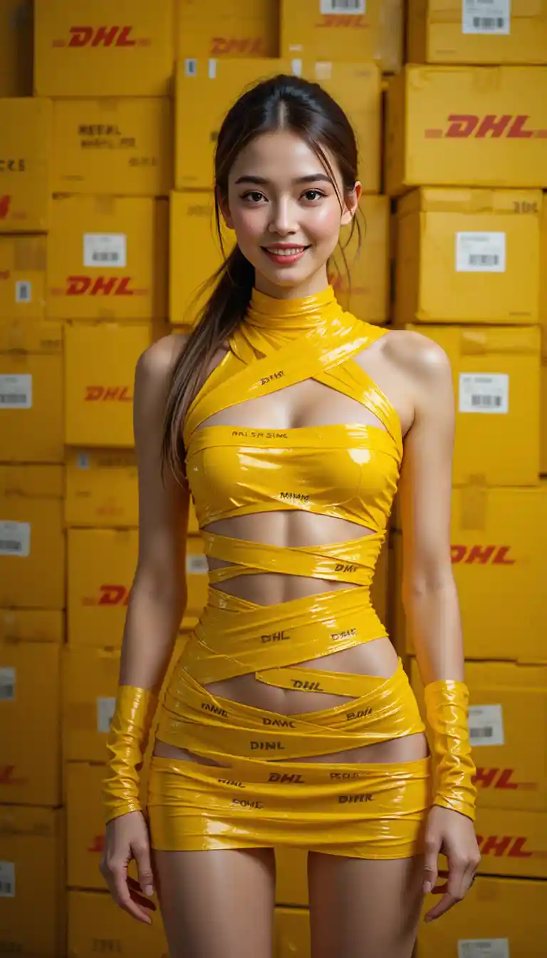 Woman in tape couture posing before stacked shipping boxes