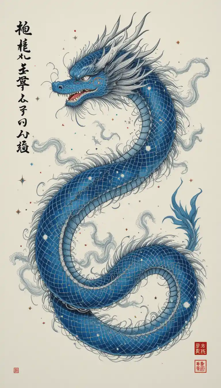 Majestic blue dragon with flowing mane and starry body
