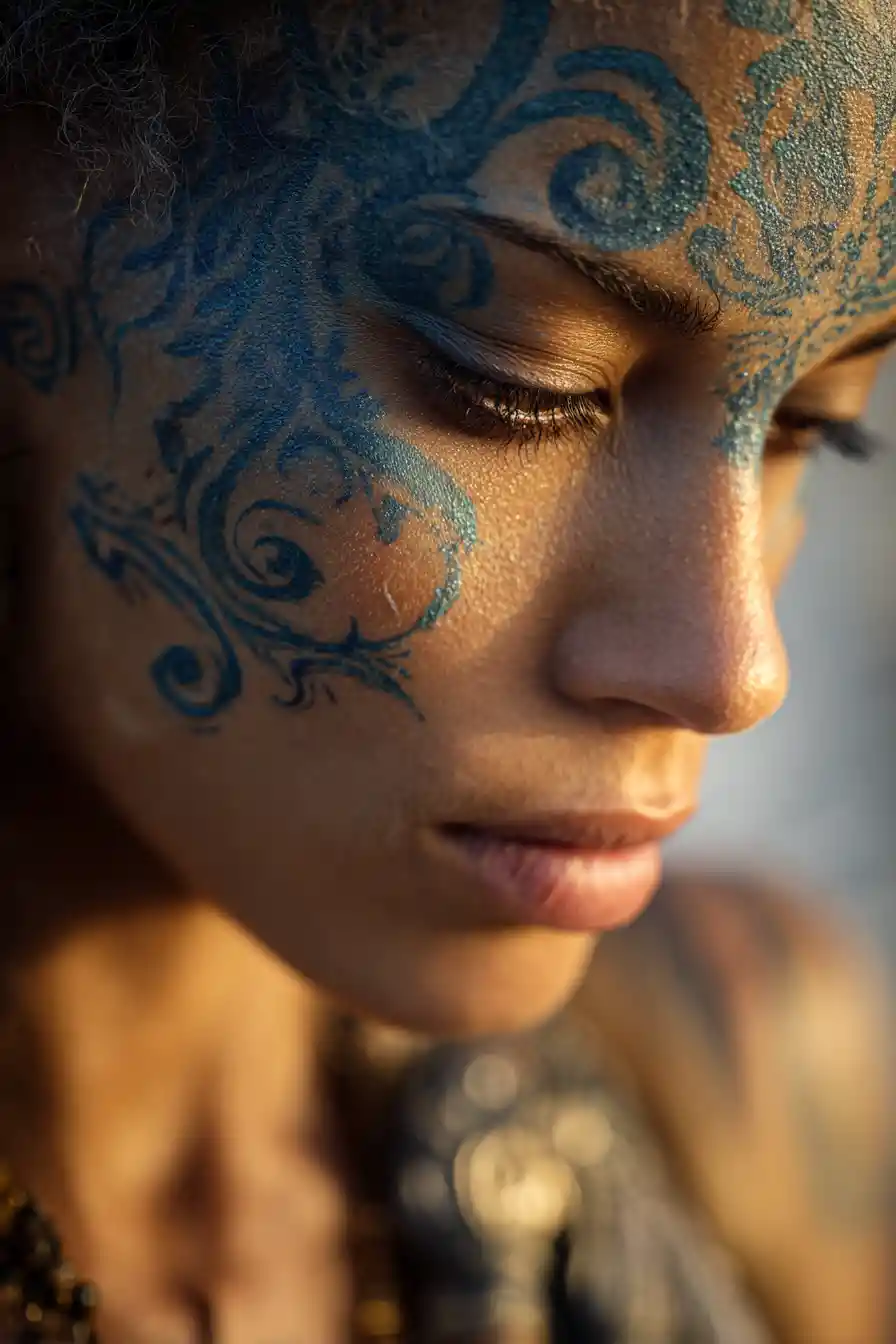 Ethereal woman with blue markings against warm ancient backdrop