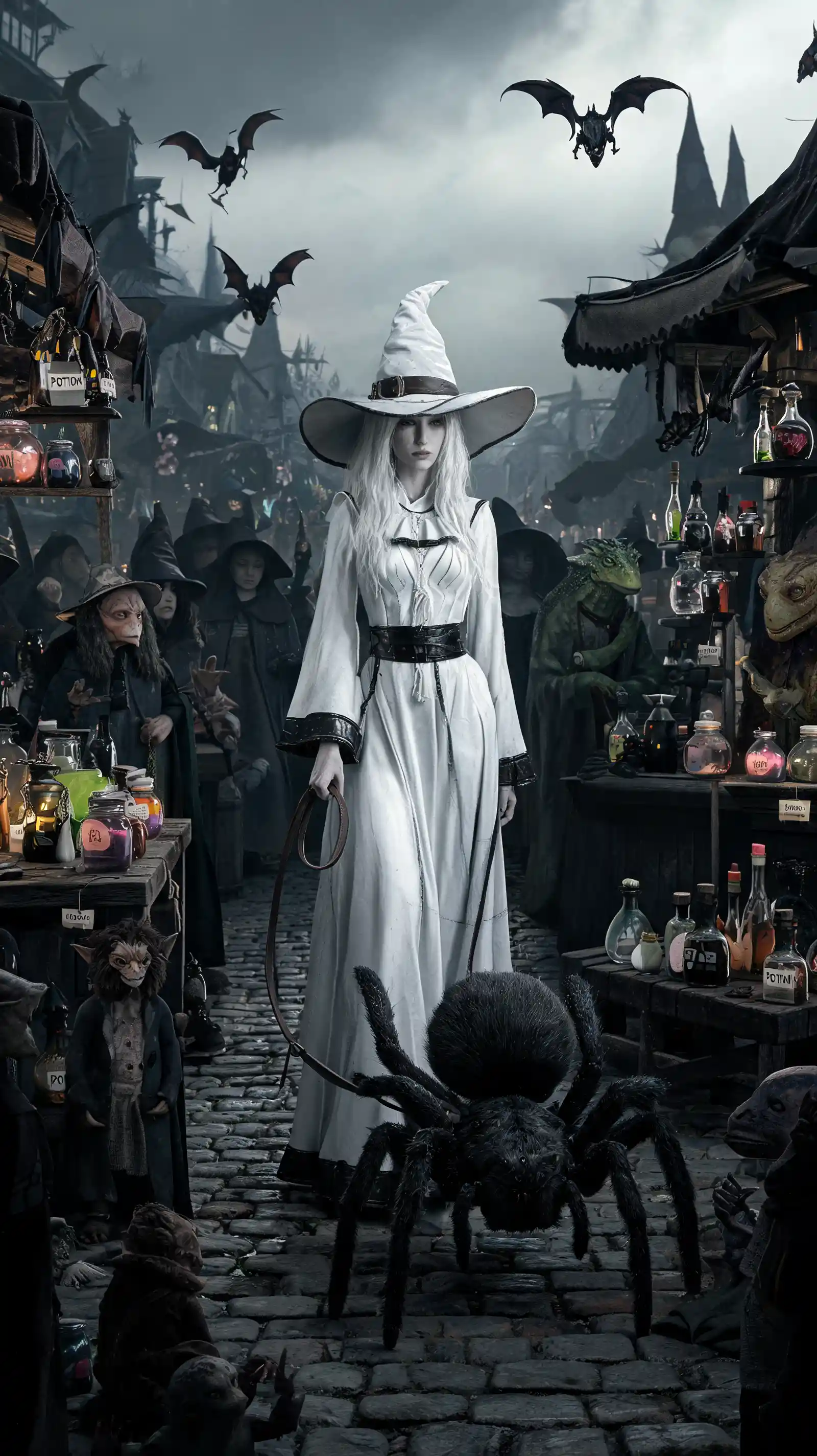 Elegant white witch walking through a crowded market