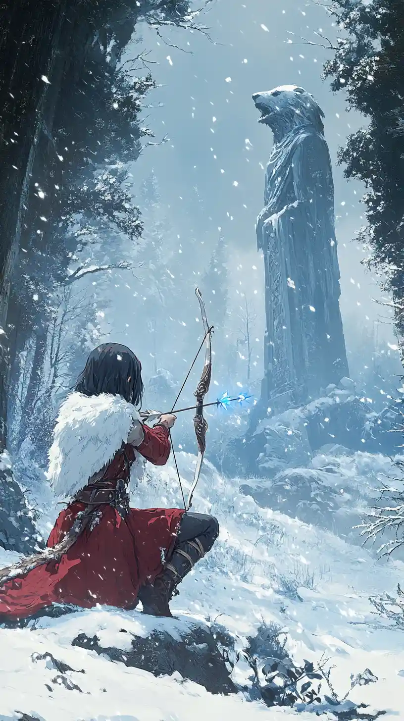 Girl archer aiming from a rock in a winter forest