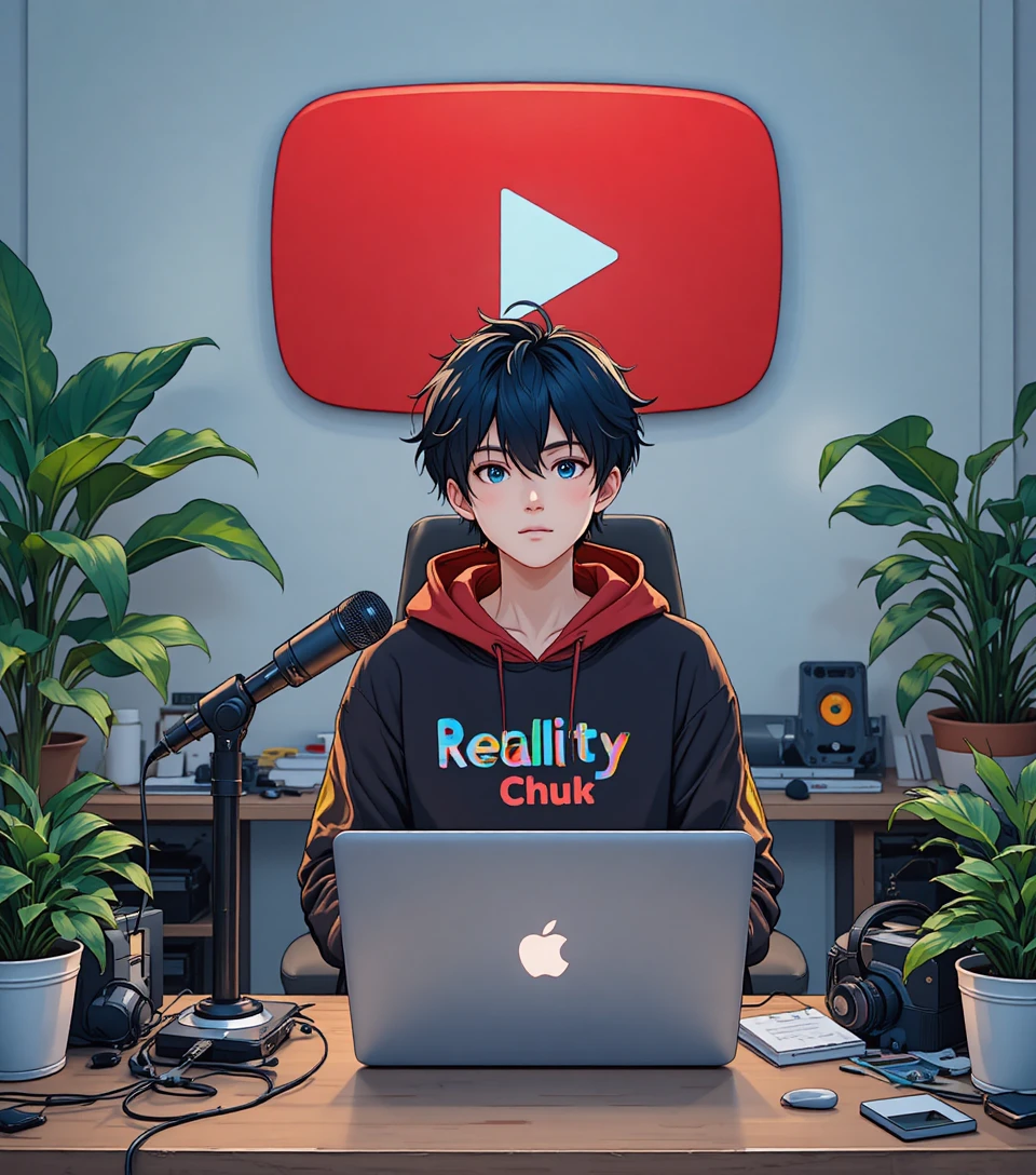 Anime boy at a cluttered computer desk with youtube backdrop