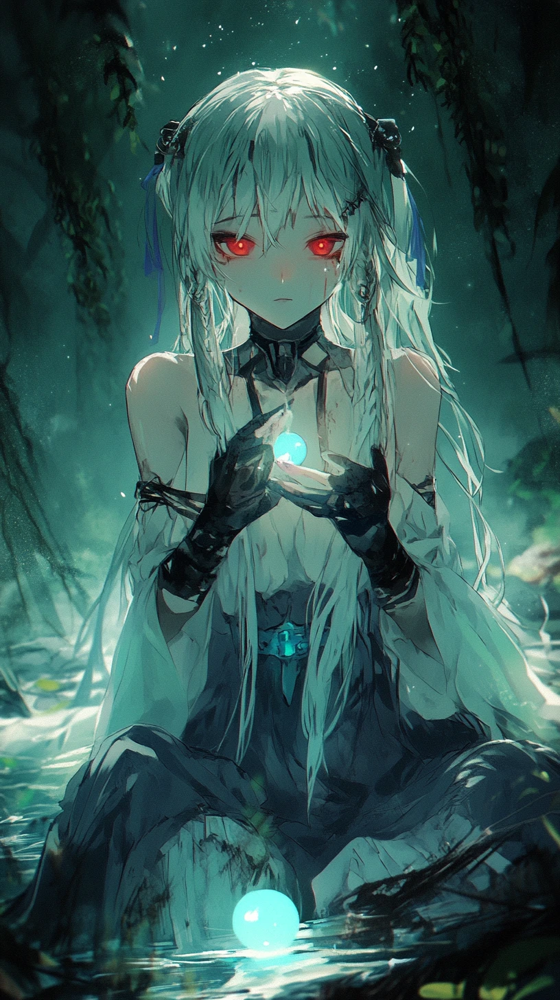 Anime girl conjuring green crystal at ruined temple
