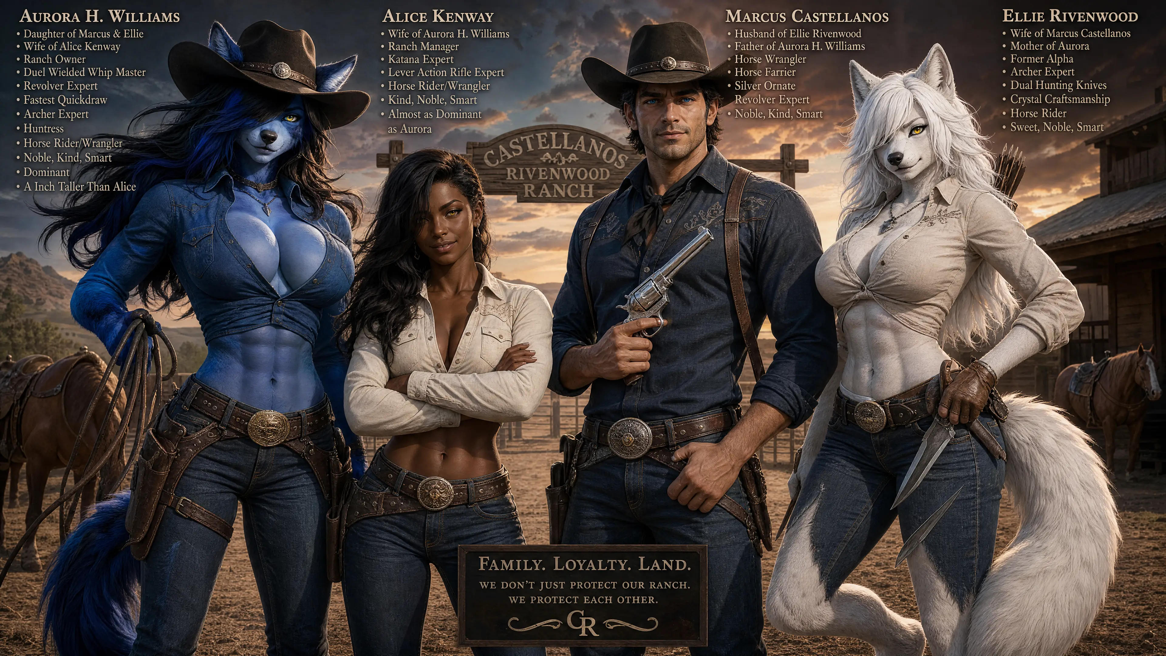 Blue fur wolf cowgirl with whip and revolver ready to duel