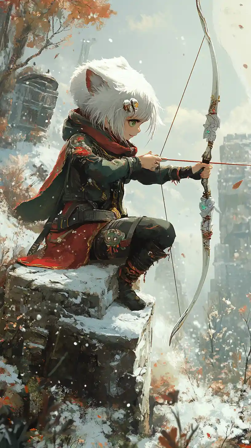 Girl archer aiming at a distant creature in winter ruins