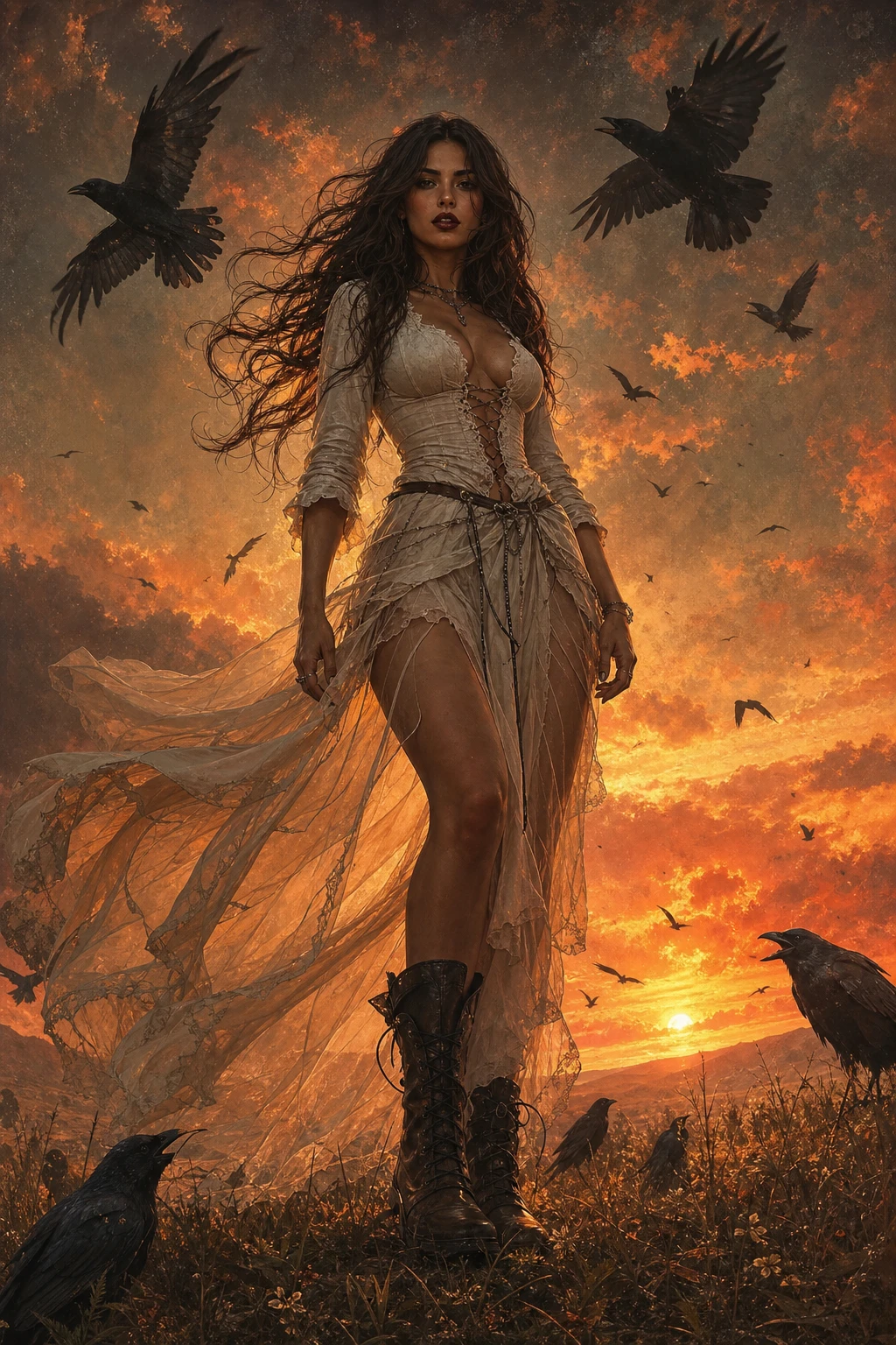 Pintura digital de cuerpo completo de una mujer en un campo