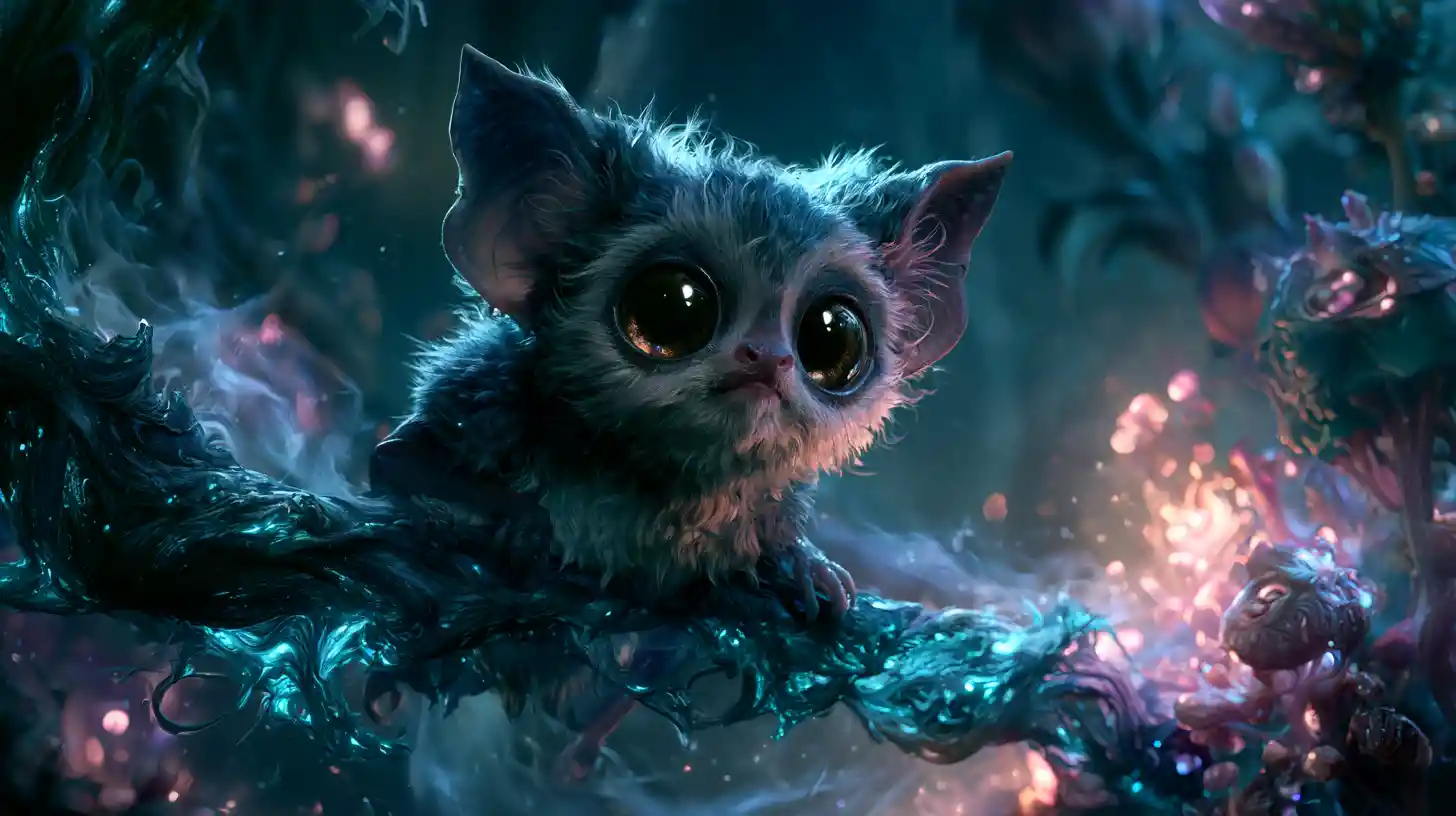 Cute fluffy bat on glowing branch in enchanted forest