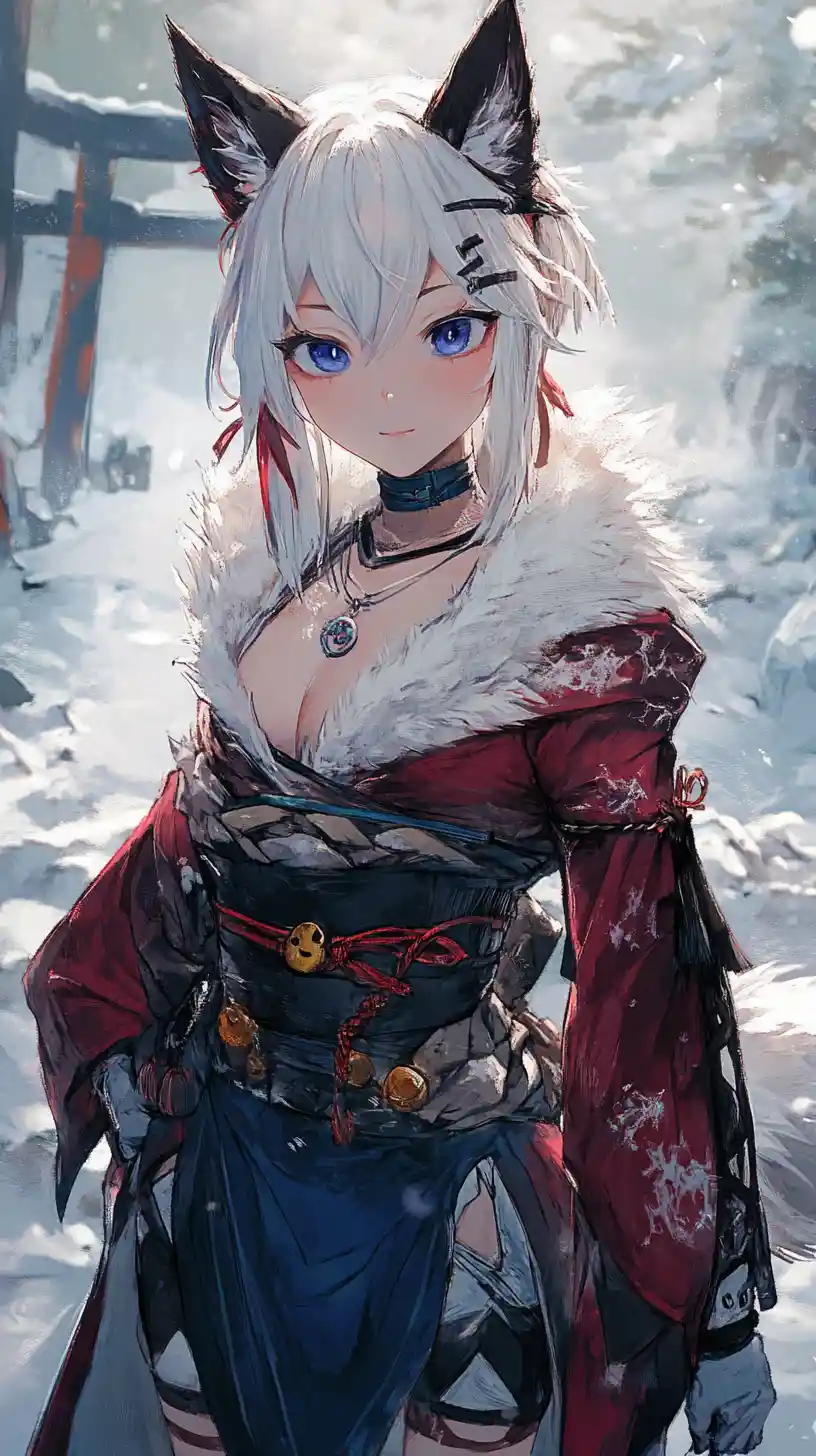 Anime girl warrior in fur cape with icy blue eyes