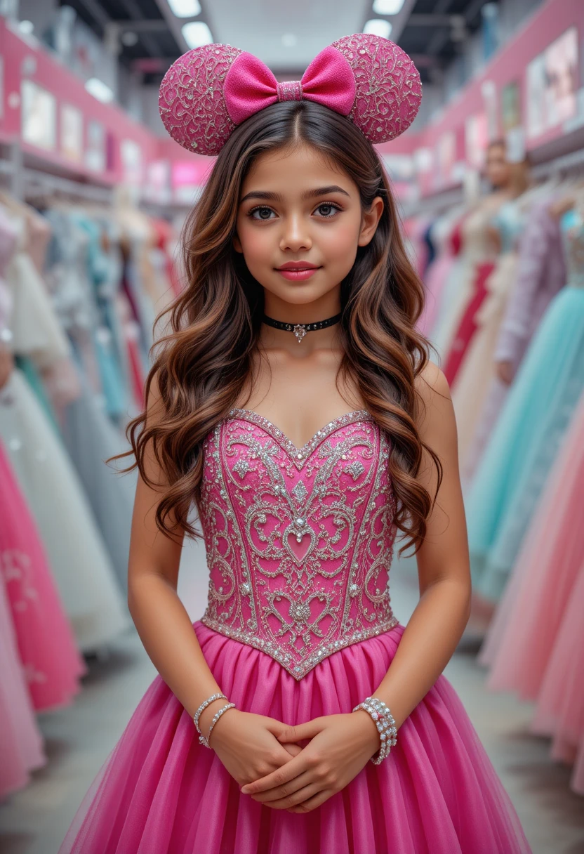 Young girl in pink Minnie gown at dress boutique