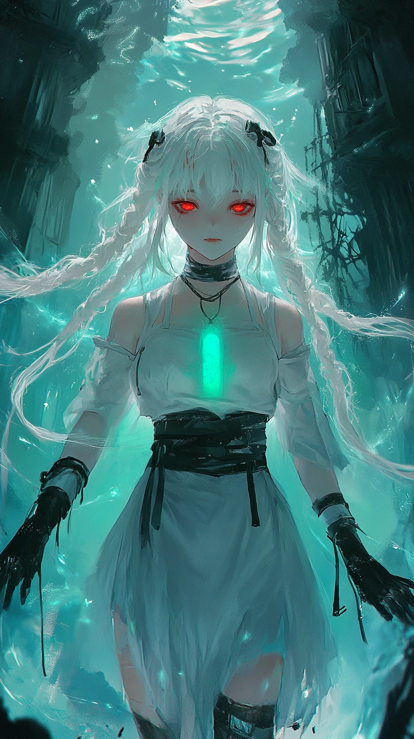 Anime girl summoning a glowing green crystal at temple