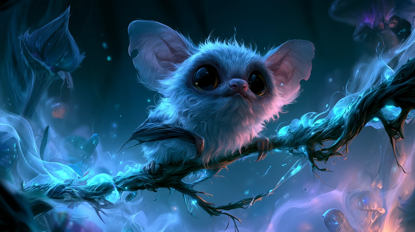 Cute bat on glowing branch in a dark enchanted forest