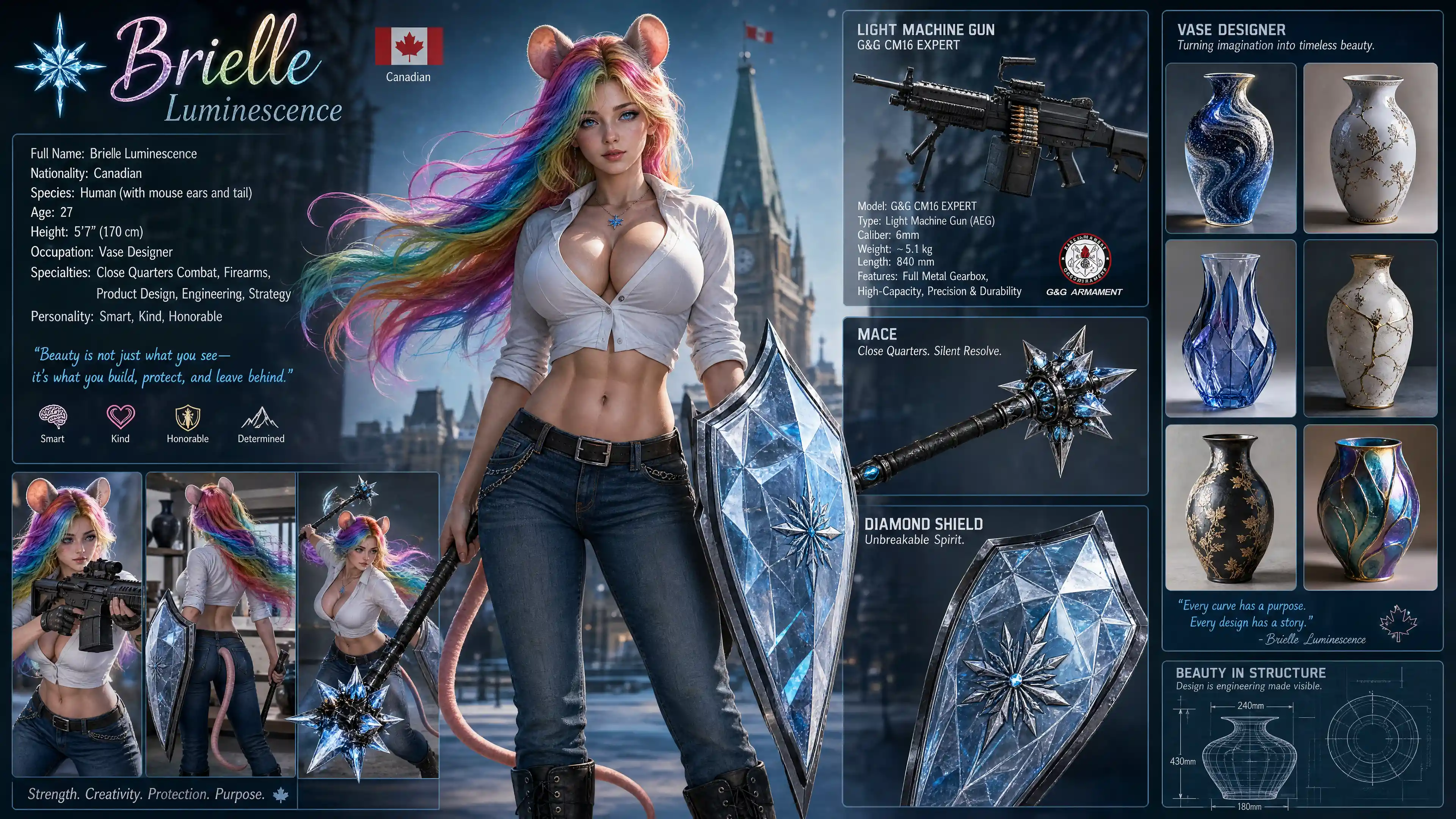 Mouse eared warrior woman with rainbow hair and shield