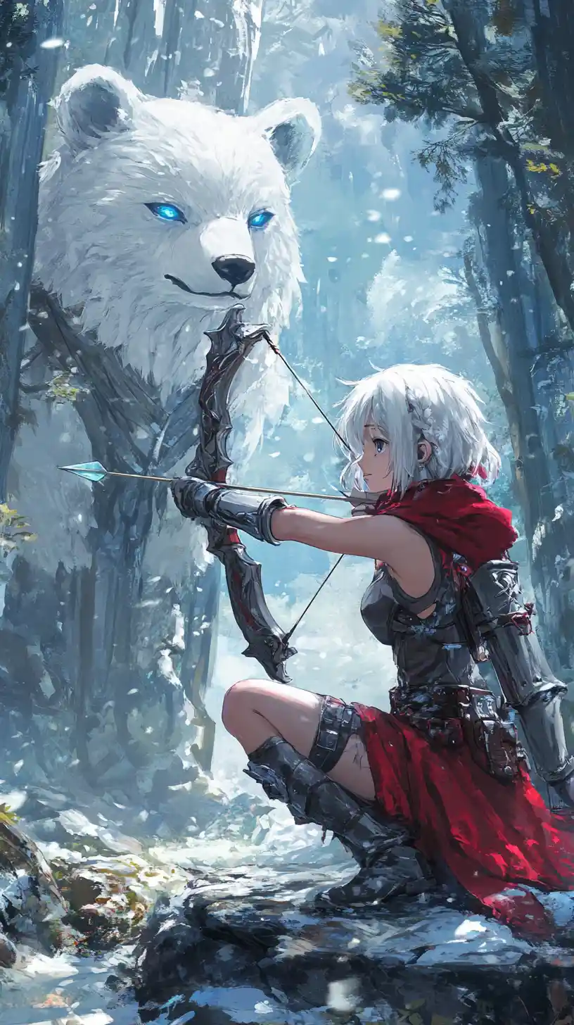 Girl archer aiming from a rock in a winter forest