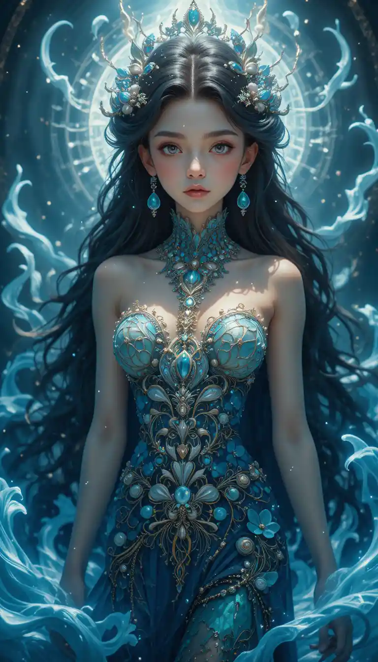 Elegant mermaid woman with luminous ocean tail and pearls