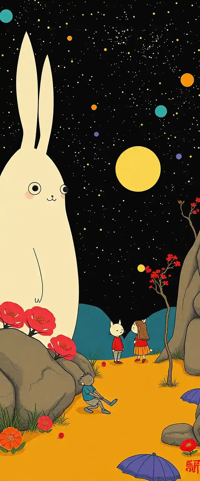 Colorful whimsical fantasy characters in retro graphic style
