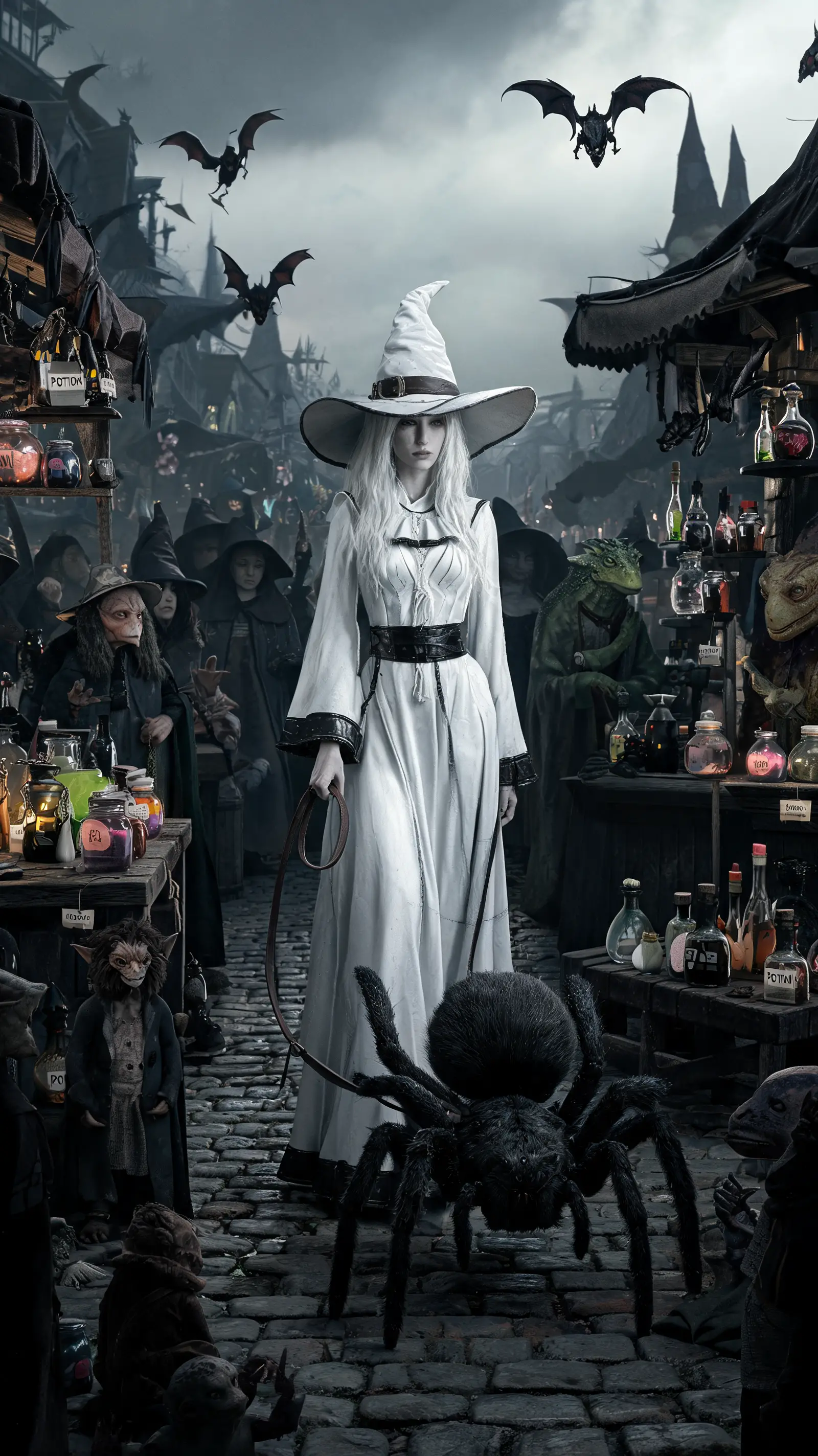 Elegant white witch walking through a crowded market