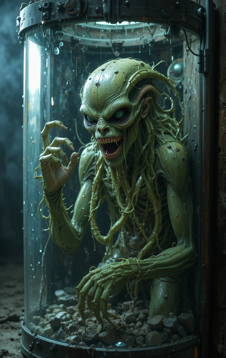 Alien creature clawing at a glass prison cell barrier