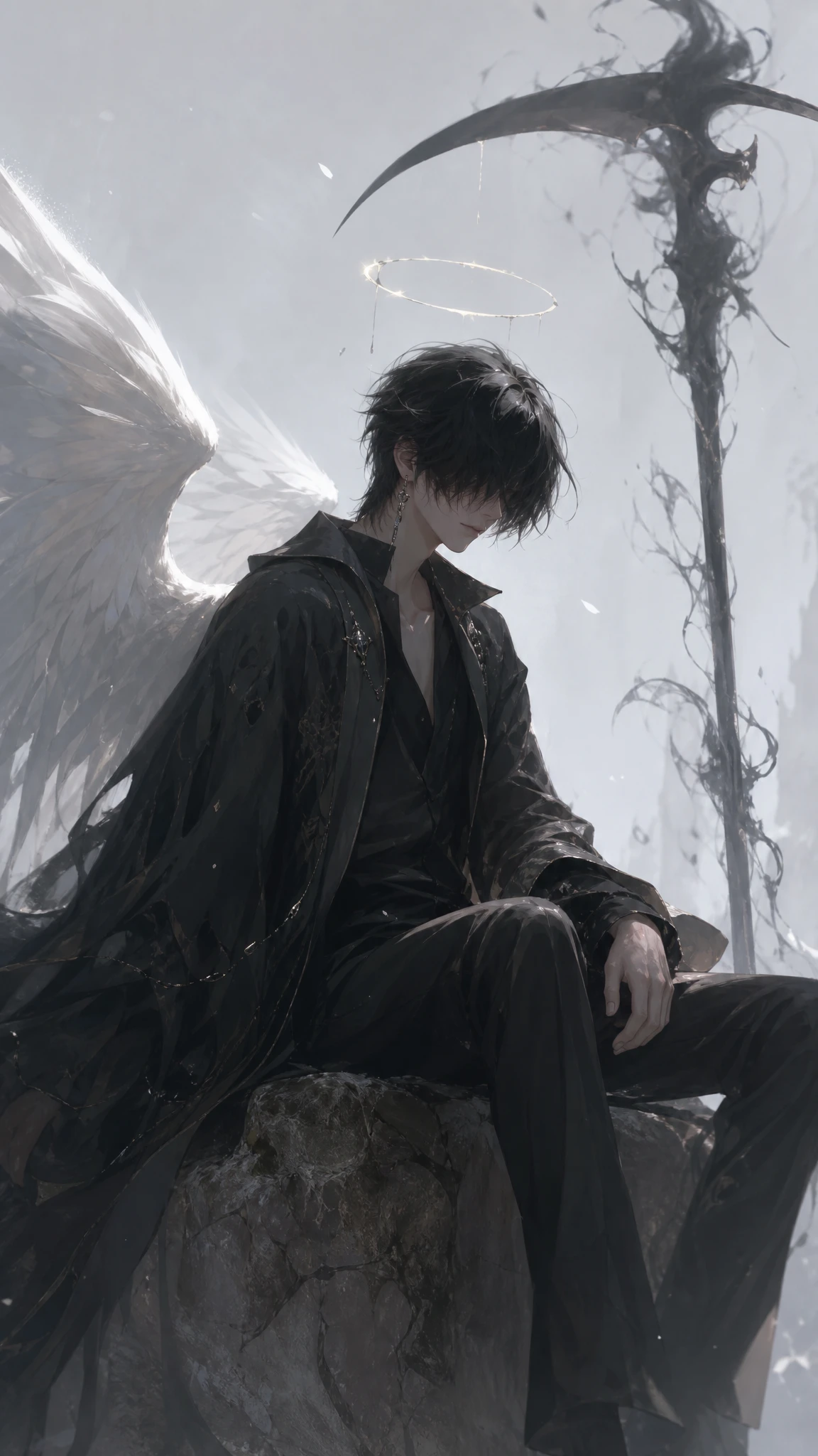 Melancholic angelic young man with halo and scythe