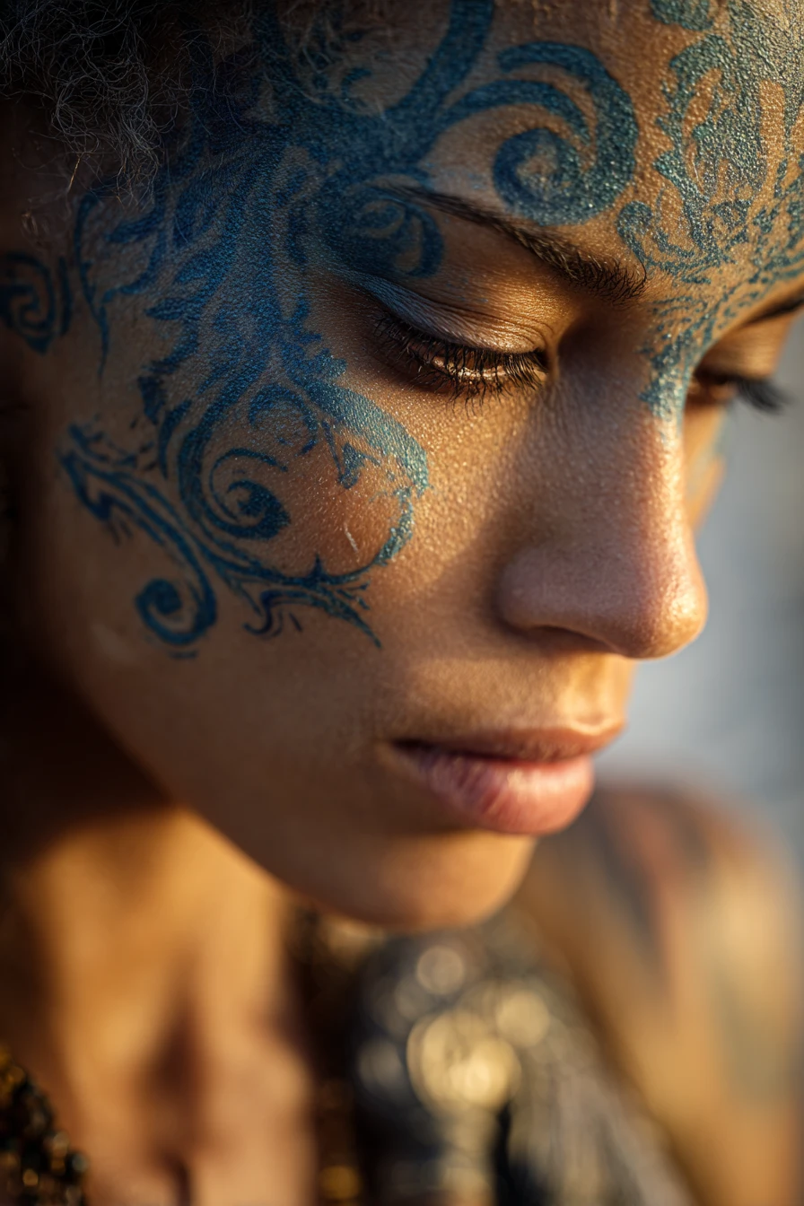 Ethereal woman with blue markings against warm ancient backdrop