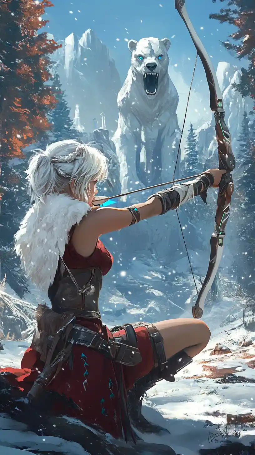 Girl archer aiming from a rock in a winter forest