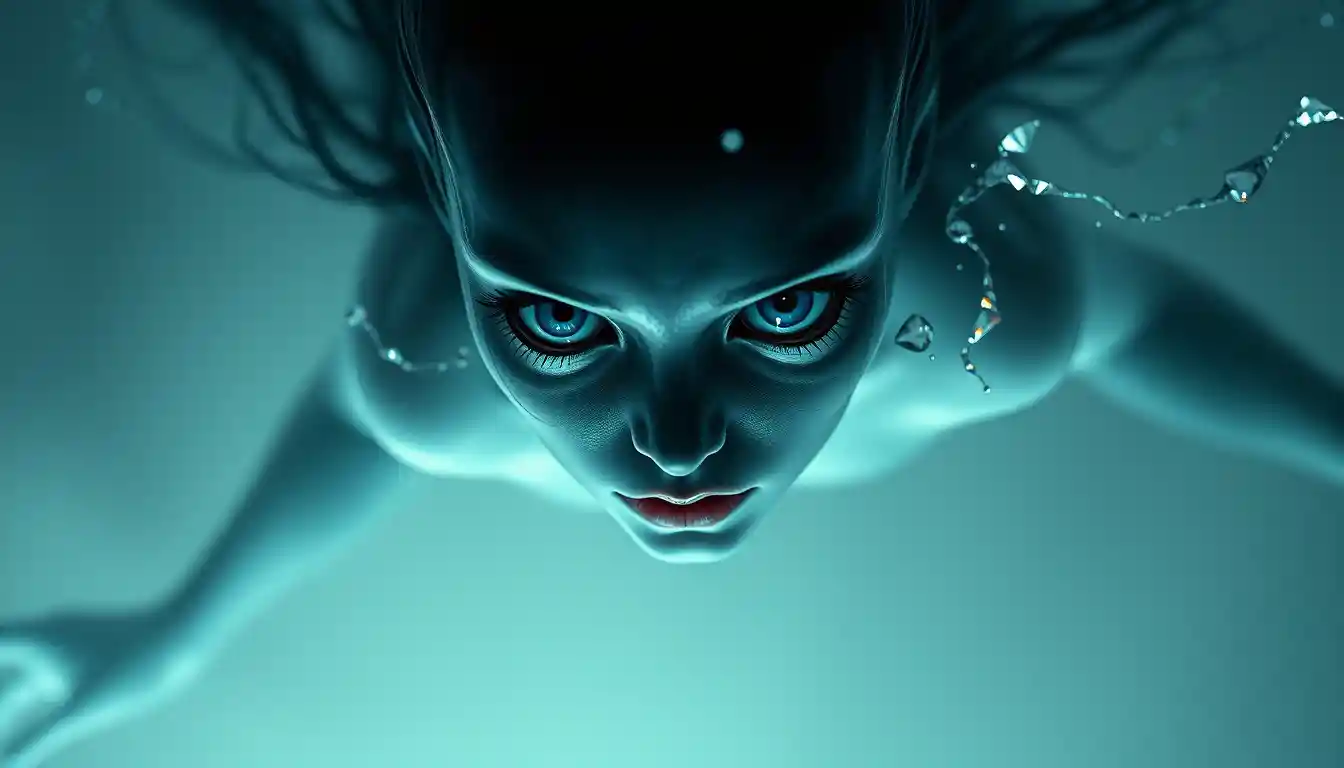 Ethereal translucent being floating over an endless void