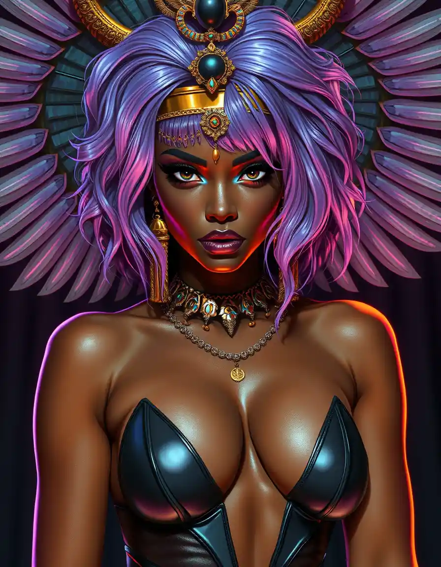 Neon lit egyptian queen with lilac hair in couture