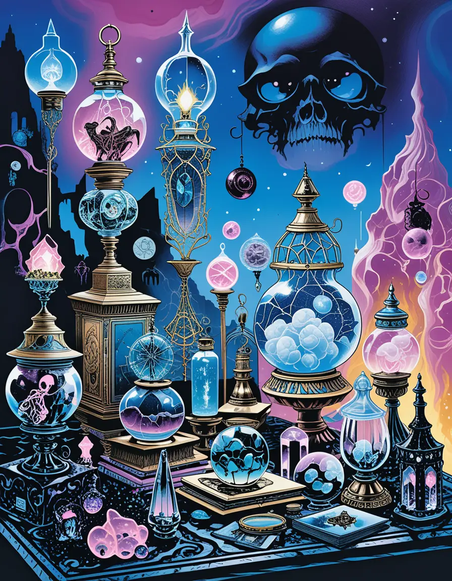 Cartoon crystal shop table with magical curiosities