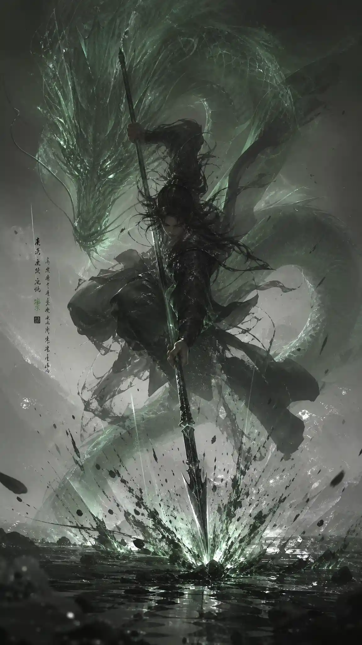 Warrior leaping with spear before glowing green dragon