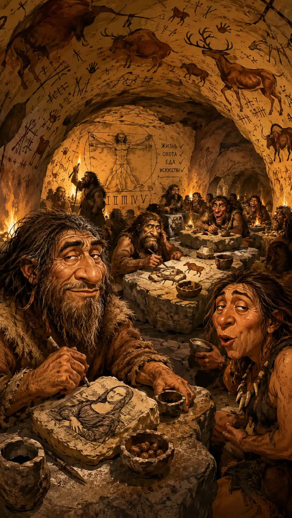 Humorous caricature figures dining in a paleolithic cave restaurant