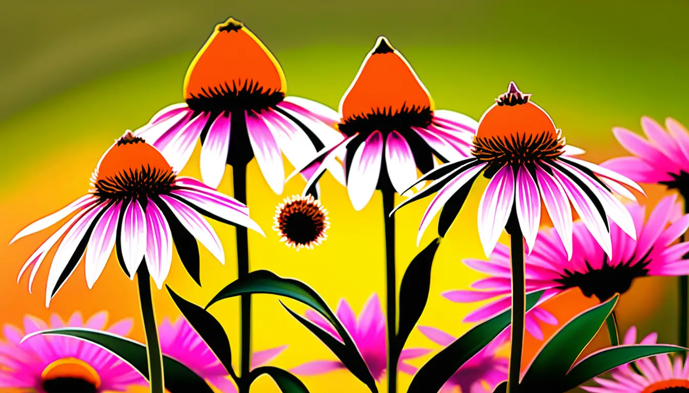 Magenta echinacea flowers against warm olive abstract background