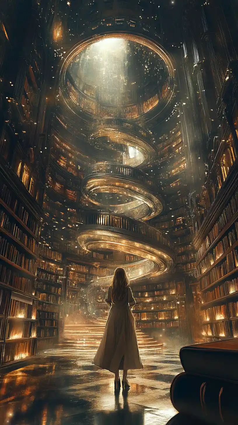 Woman in collapsing library vortex with glowing glasses reflections