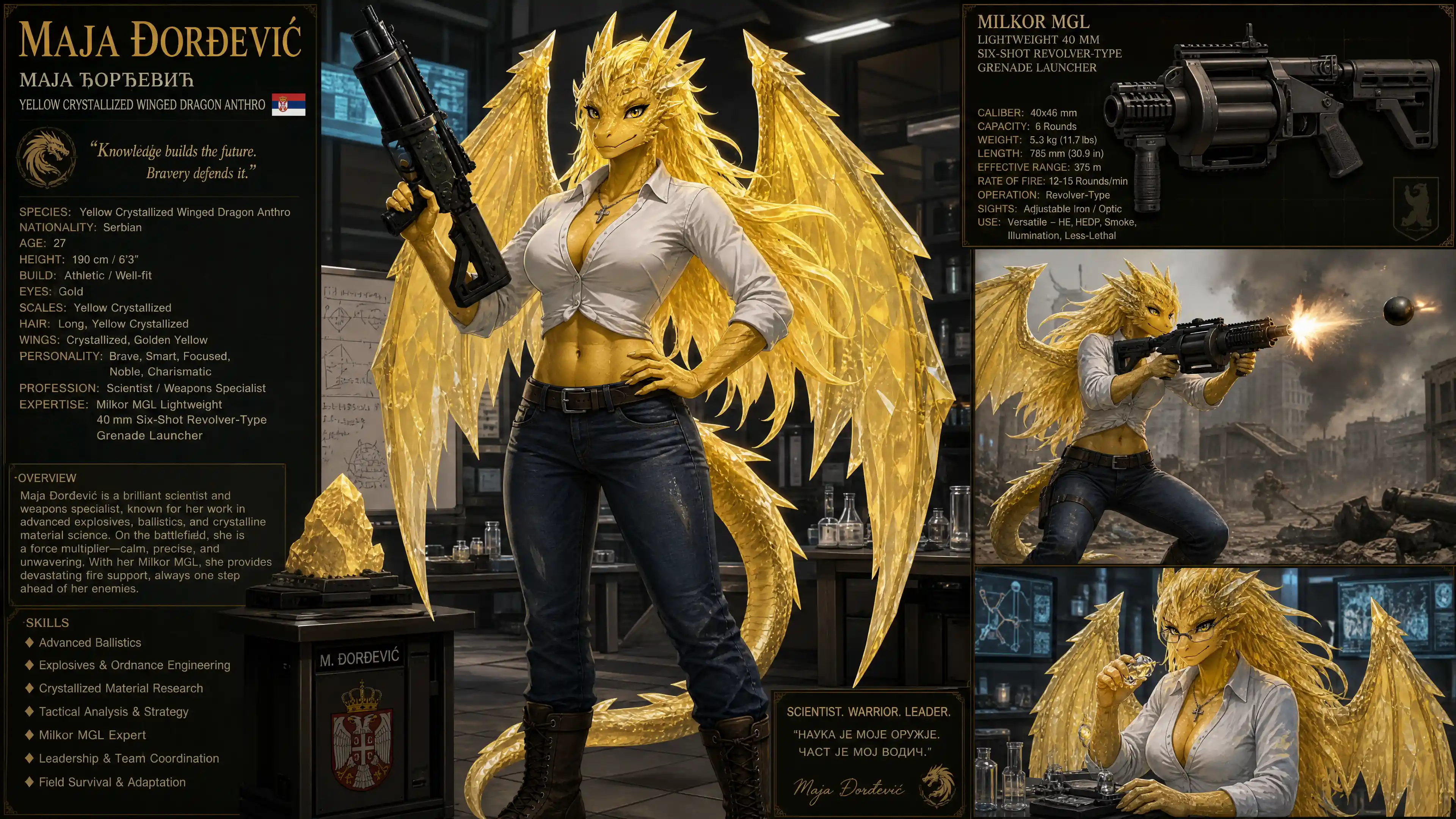 Brave yellow dragon woman with crystal wings and grenade launcher