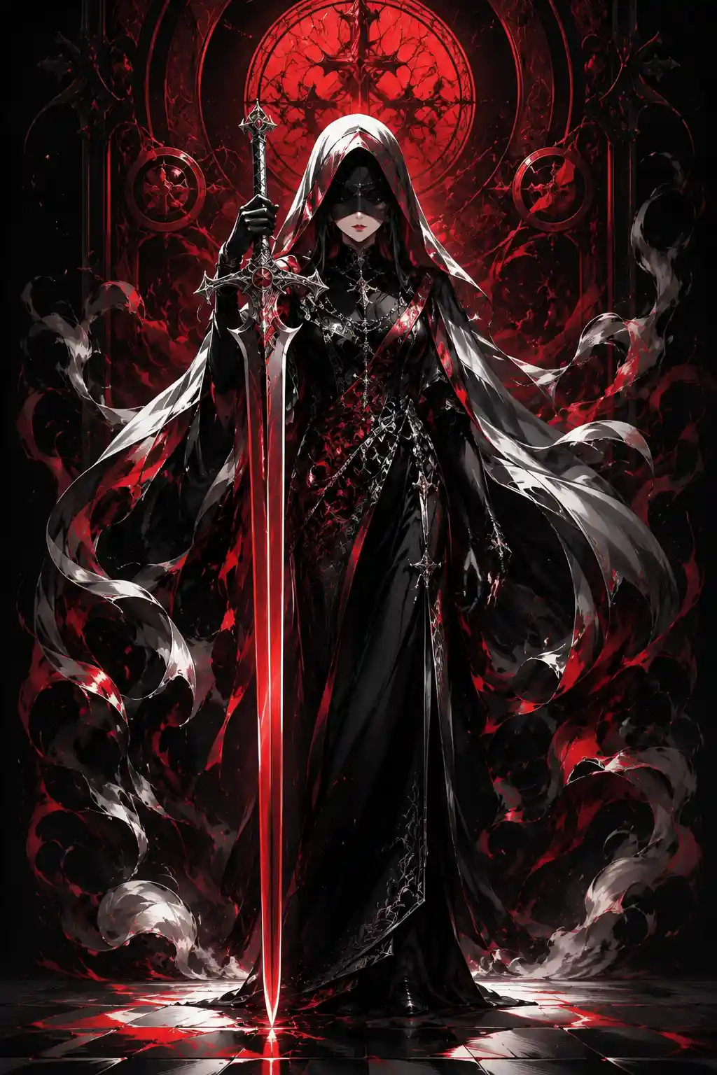 Dark fantasy nun with crimson accents and cursed sword