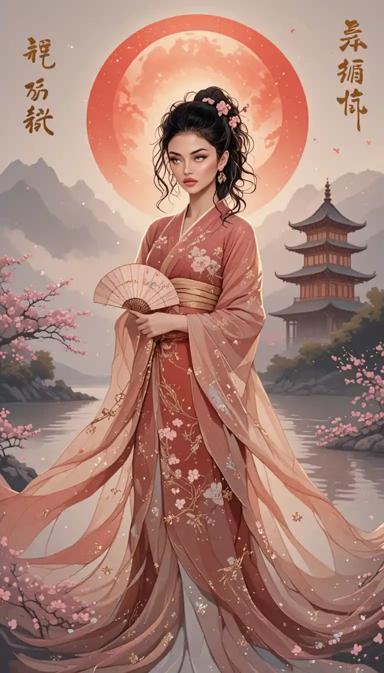 Donna eterea in kimono rosso accanto a un sole rosso splendente